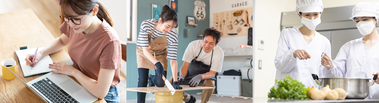 女性が書類を書いている・男性と女性が工具で板を切っている・マスクをした女性２人が実験をしている