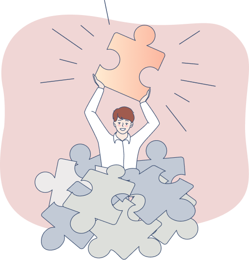 男性がパズルの山からオレンジ色のパズルを見つけている