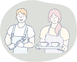 工具を持っている男性とコーヒーを運んでいる女性