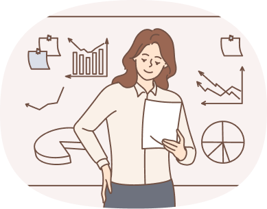 円グラフなどが書かれているポスターの前で女性が紙を見ている