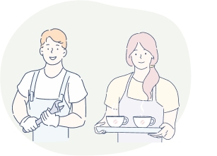 工具を持っている男性と配膳をする女性