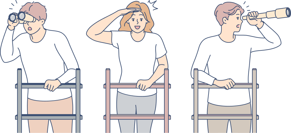 女性と男性が望遠鏡で外を見ている