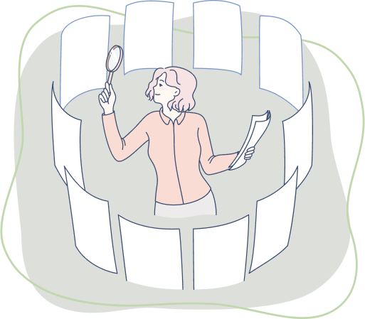 虫眼鏡で外を見る女性