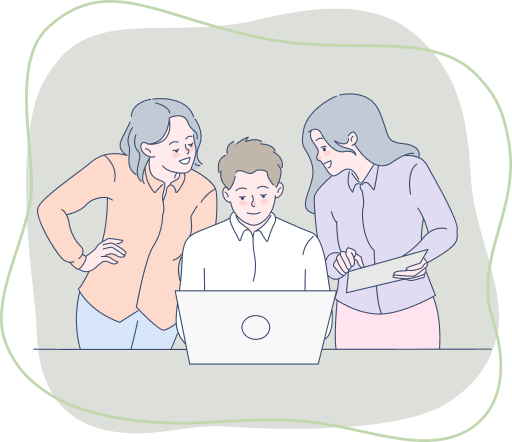 パソコンを見る男性と女性２人