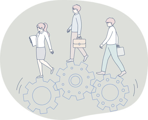 歯車の上で歩いている女性・男性