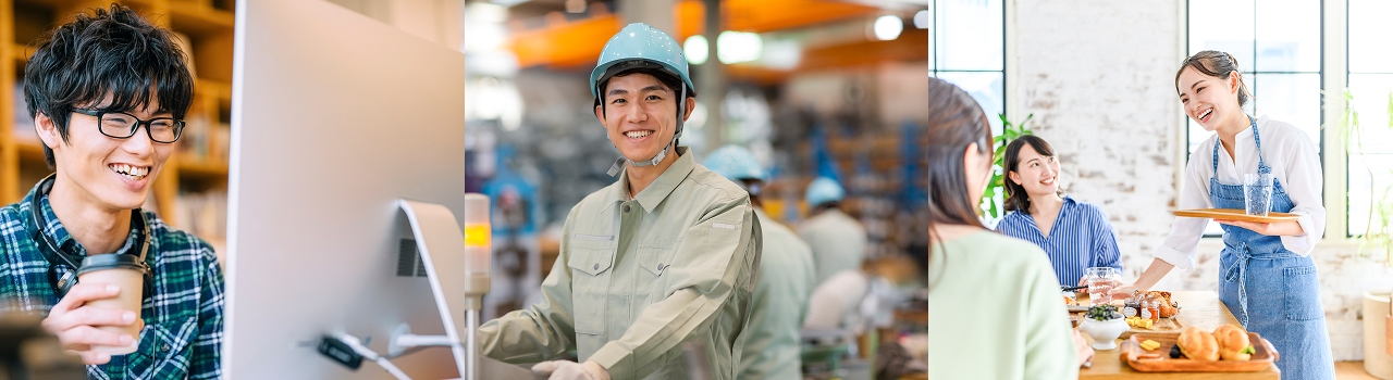 男性がコーヒーを飲んでいる・ヘルメットをかぶっている男性・お水を運んでいる女性