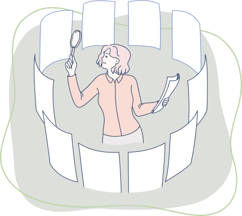 女性が虫眼鏡で外を見ている